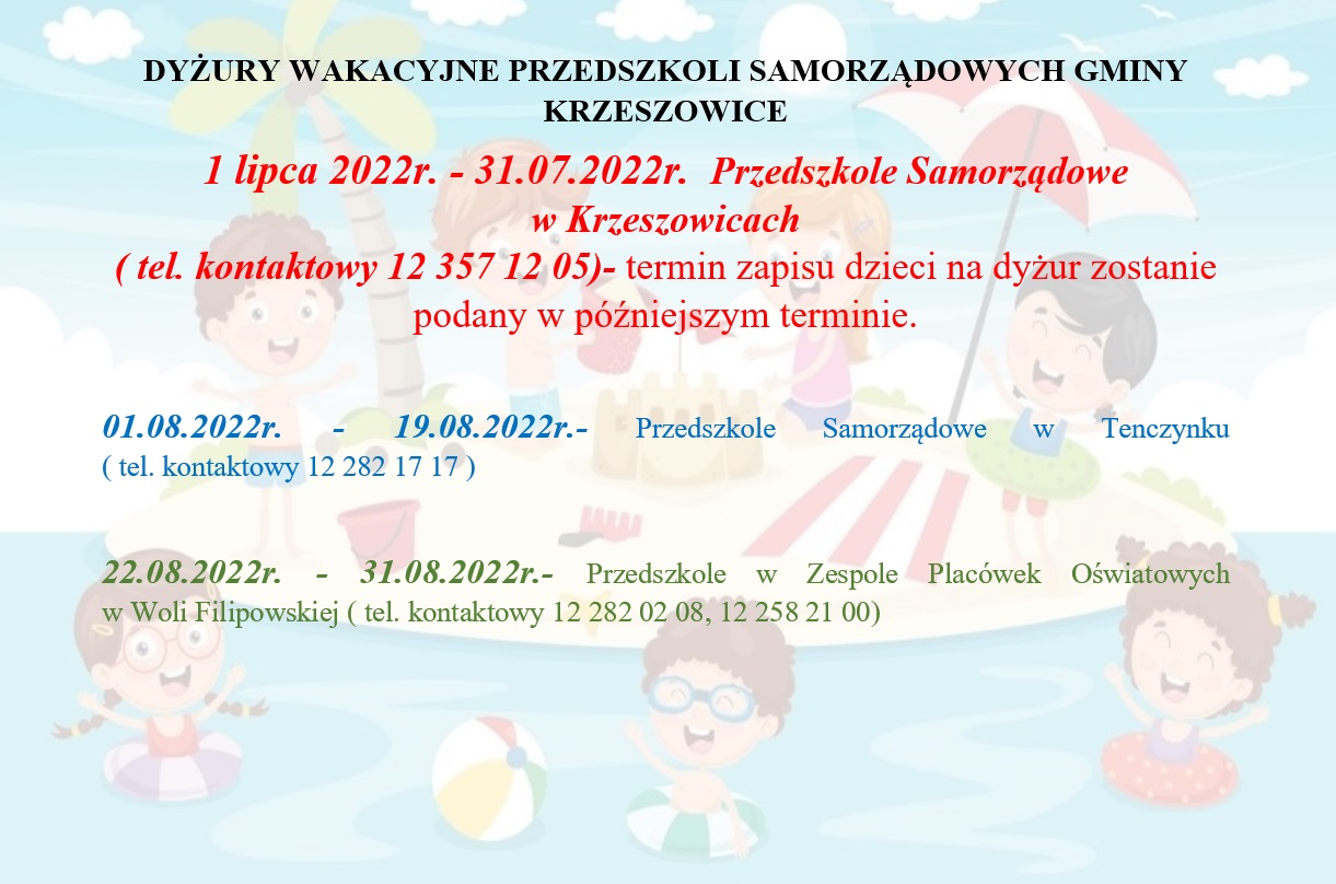 Terminy dyżurów wakacyjnych w Przedszkolach Samorządowych w Gminie Krzeszowice