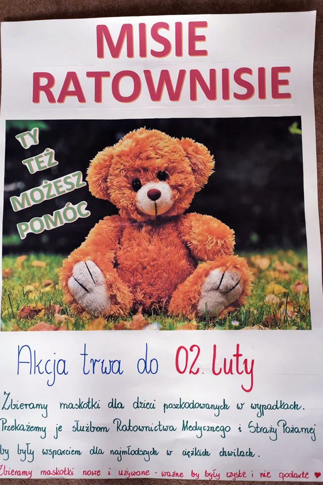 W Przedszkolu Samorządowym w Krzeszowicach do 2 lutego 2020 zbieramy maskotki dla dzieci poszkodowanych w wypadkach. Przekażamy je służbom Ratownictwa Medycznego i Strazy Pożarnej by były wsparciem dla najmłodszych w cięzkich chwilach. Zbieramy maskotki nowe i używane - WAŻNE by były czyste i nie podarte.