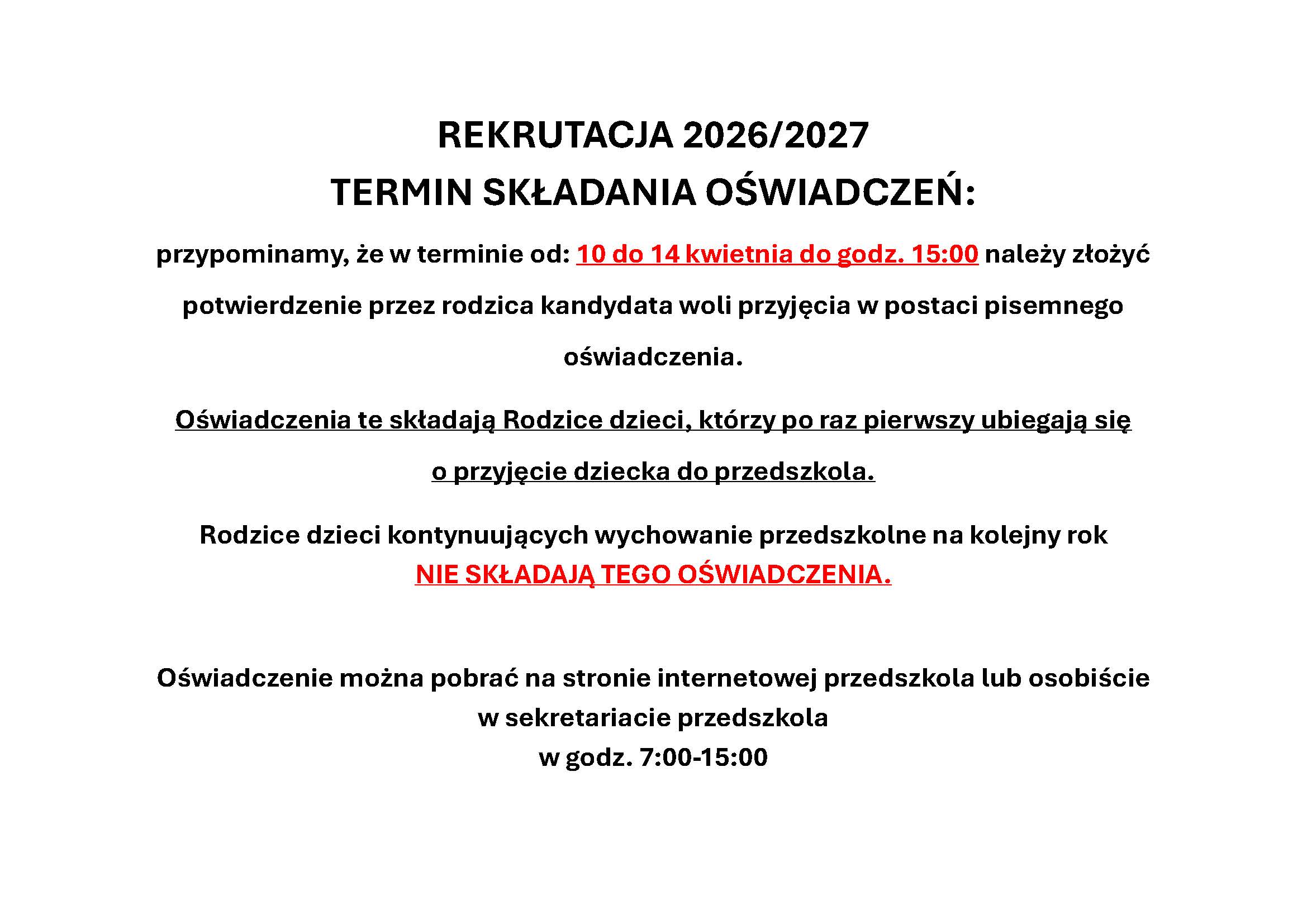 Oświadczenie woli przyjęcia do przedszkola 2026/2027